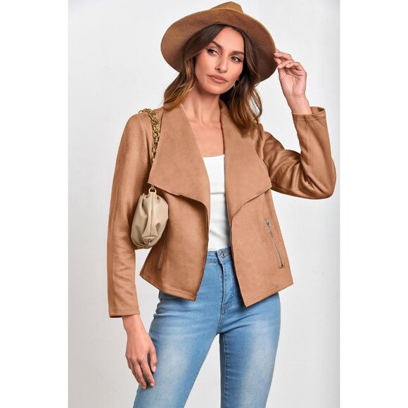 Women's Camel PRETTYGARDEN Faux Suede Jackets Fashion Fall Clothes Long Sleeve - Picture 3 of 9